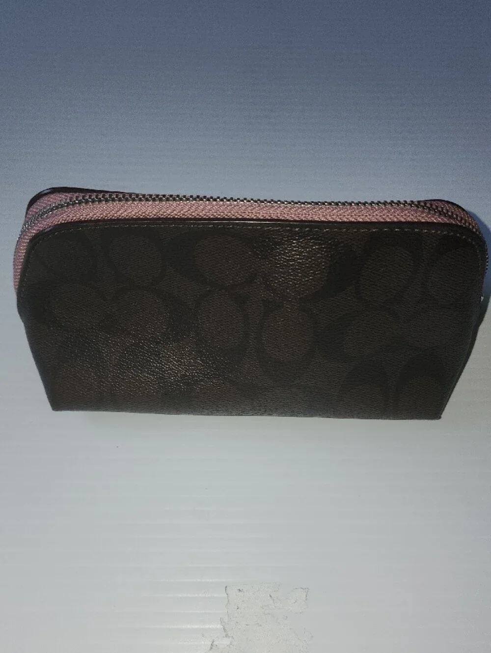 Coach Cosmetic Case 17  Signature Canvas Pouch with Pink Zipper.